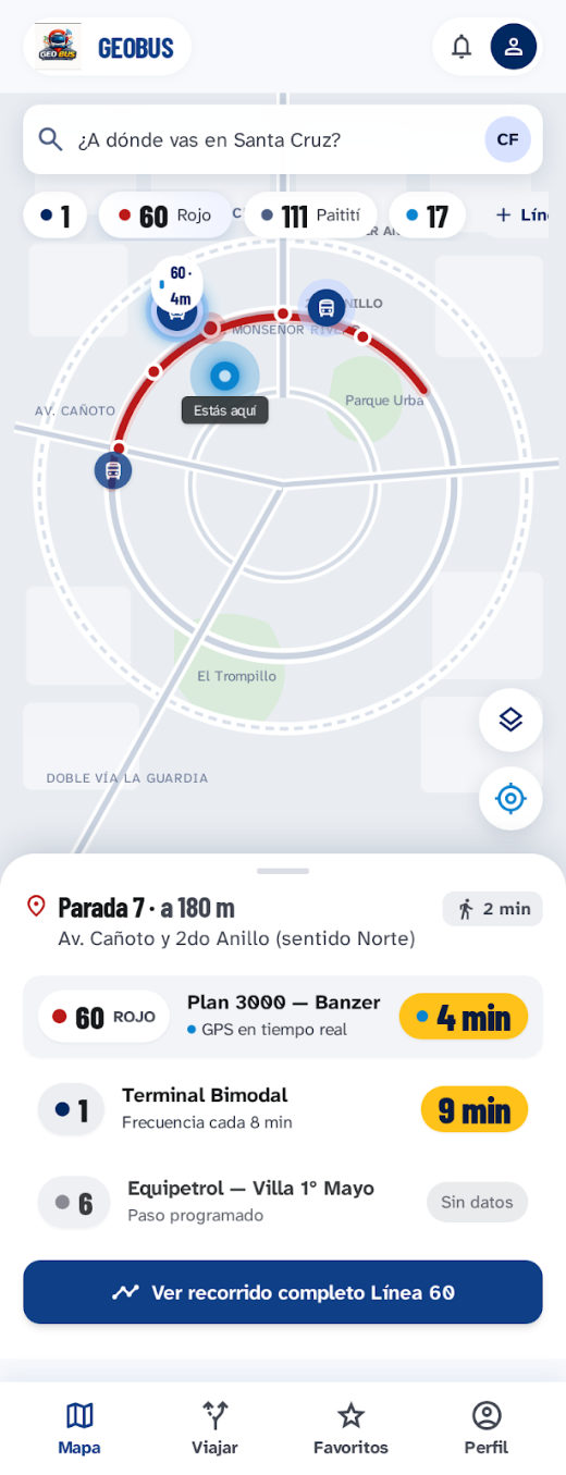 Pantalla principal de la app GeoBus: mapa con la línea 60 y los tiempos de llegada en la parada