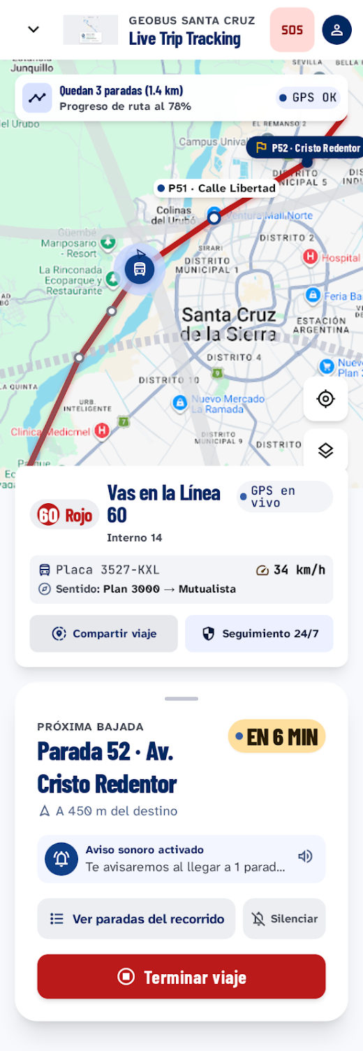 Viaje en curso con la próxima bajada y el aviso de llegada